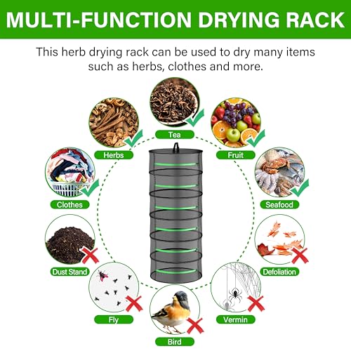 iPower 2ft 6-Layer Herb Drying Rack Breathable Mesh Hanging Dryer with Zippers Foldable Heavy Duty Ring for Garden Plant, Free Storage Bag and Hook Included, 2 Packs - size: 6-Layer