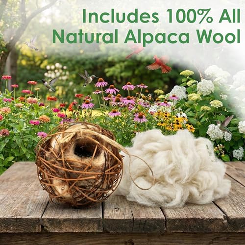 Alpaca Wool Bird Nesting or Feeding Ball | Vine Ball Filled with Real Alpaca Fiber, Not Synthetic Filler - Refill with Nesting Material or Suet for Year-Round Use