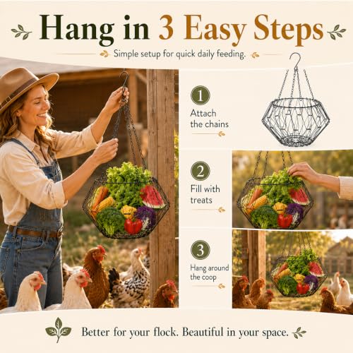 Hanging Chicken Feeder, 9.25IN Large Foldable Poultry Feeder Vegetable Fruits Basket with 4pcs Hanging Stainless Chain, Chicken Treat Holder Ball Boredom Toys for Chicken Hens Duck Coop, Black, 2 Pack - size: 2 Pack