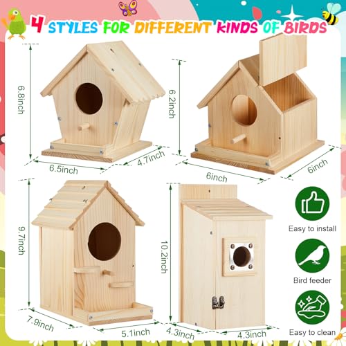 Liliful 4 Pack Birdhouse Crafts for Kids, Wooden Creative DIY Bird House Kits Arts and Crafts Set for Kids and Adults, Spring Birthday Gifts for Toddlers Ages (Playful Style) - color: red, yellow, blue, green, white, black