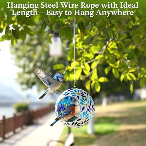 VOREEN Mosaic Glass Bird Feeder, Handcrafted Hanging Fly-Through Feeder for Outdoor Garden & Backyard, Decorative Wild Bird Feeder with Steel Wire Cable – Cool Blue Leaf Mosaic Style - color: Blue peacock