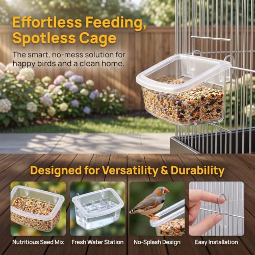 Veemoon 2pcs Splash Hanging Plastic Bird Cage Feeder, No Mess Bird Cage Feeding Bowl 4 Slot Small Parrot Food Cup Parakeet Water Dispenser Resuable Container for Pet Cockatiels, Finches, 4.5 × 2.3"