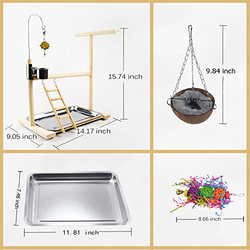 Bird Stand Fun Straw Bell Toys,Parrot Wooden Platform Stand with Perch Ladder, Swing, Bell & Feeder - color: G-500