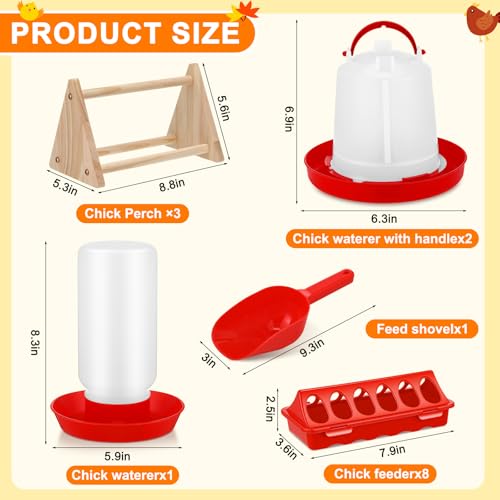 15 Pcs Chick Waterer and Feeder Kit 12-Hole Flip-top Chicken Feeders 1 L Chicken Water Dispenser 1.5 L Hanging Waterer & Feed Scoop Wooden Chicks Perch Chick Starter Kit for Poultry Brooder