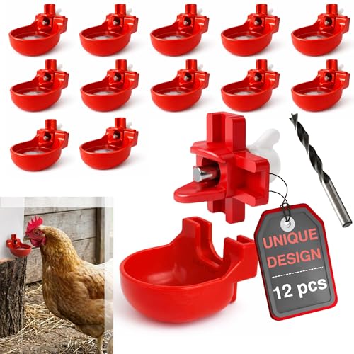 Heavy Duty 12-Pack with Cups Chicken Water Nipples Automatic Chicken Waterer Nipple Horizontal Leak Proof Stable for Poultry Coop Quail Chicks Turkeys Peacocks and Fits 5-Gallon Bucket, PVC Pipes