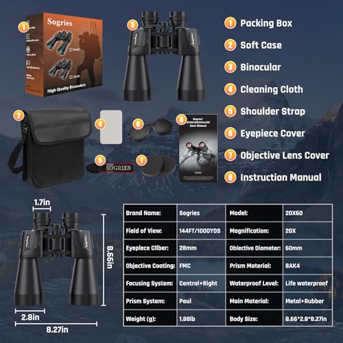 20x60 Binoculars for Adults High Powered | Waterproof & Fog Proof Compact Binoculars for Bird Watching with Low Light Vision, Hunting,Travel,Includes Carrying Bag - size: 20X60