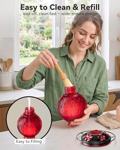 26Oz Hummingbird Feeder for Outdoors, Vintage Glass Bird Feeder with Perch, Durable & Easy to Clean, Hanging Nectar Feeder for Garden, Yard, Deck – Gift for Bird Lovers (Red) - color: Red