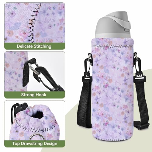 Neoprene 500ML/750ML/1000ML Water Bottle Bag Carrier, Portable Insulated Bottle Sling Holder Case Pouch with Adjustable Shoulder Strap for Men Women Walking Hiking Running - color: Flowers,Butterflies, size: 1000ML