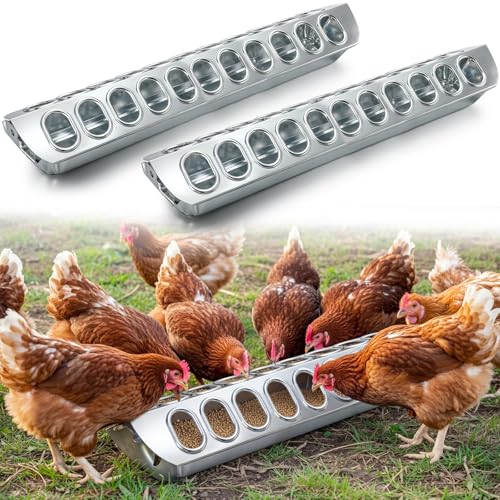 Potchen 2 Pcs Slide-top Poultry Feeder Durable Galvanized Metal Chicken Feeder Trough with Removable Top Trough Multi-Hole Tray for Pigeon Quails Duckling Birds Duck Chicken(20 Inch) - size: 20 Inch