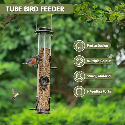 Metal Bird Feeder Tube Hanging Wild Bird Seed Feeder Aluminum Six Port Bird Feeders,1.4 mm Extra Thick Solid Tube Transparent with Steel Hanger Great for Attracting Birds (Coffee 2PK) - color: Coffee 2PK