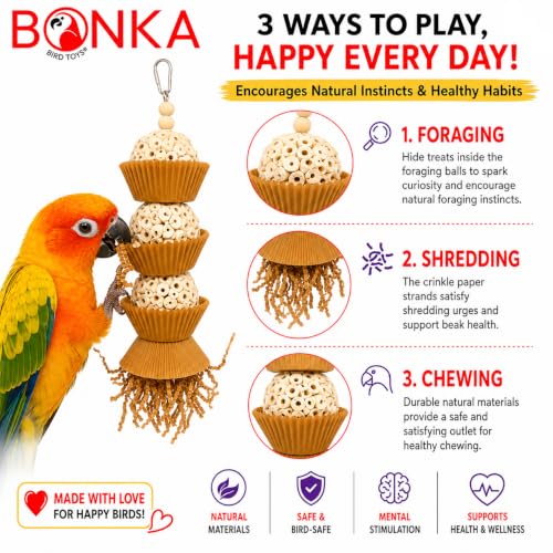 Bonka Bird Toys 1931N Natural Three Cake Parrot Chew Shred Forage Cage Toy, Conure, Amazon, Pionus, and Similar