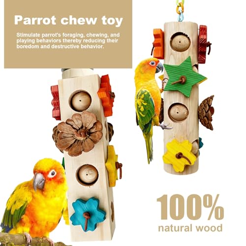 2 Pcs Wooden Bird Chew Toys(Round and Square) | with Colorful Wood Blocks Pine Cones Parakeet Chew Foraging Toy for Beak-Grinding,Cage Accessories - color: Colorful