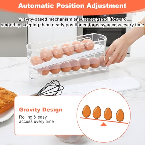 2 Pack Egg Dispenser for Refrigerator 4 Floors Eggs Holder for Fridges | Auto Rolling Fridge Egg Carton,14 Grid Space Saving Clear Eggs Storage Box,Rolls Stackable Container, with Lid for Kitchen