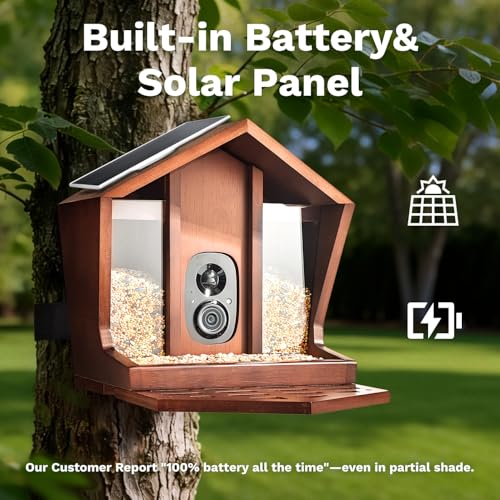 Smart Bird Feeder with Camera Solar Powered 2K UHD Video | AI Identification 10,000+ Bird Live Instant Arrival Alerts and Real-Time Motion Detection Weatherproof Bamboo for Outdoor - color: Dark Brown