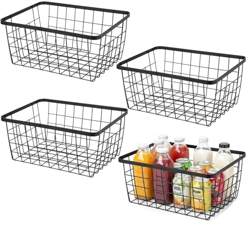 Kitchen Metal Wire Baskets with Handles Food Storage Organizer, Household Refrigerator for Cabinets,Pantry,Bathroom,Black,4 Pack - color: Black, size: 4 Pack New Small