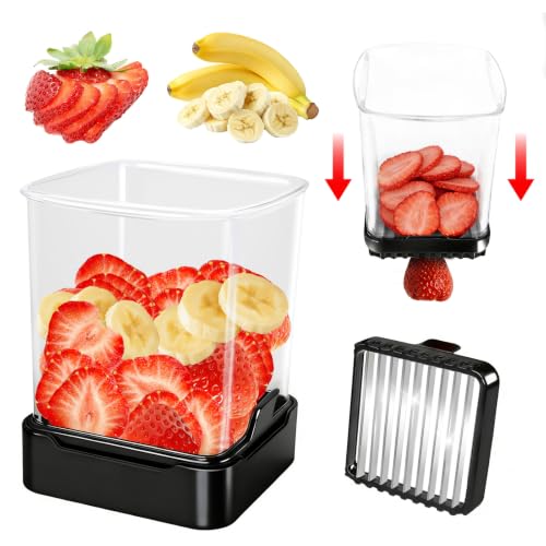 Fruit Slicer Cup for Strawberry, Banana, Hard-Boiled Egg - Detachable Cutter with Push Plate - 304 Stainless Steel Blade - Rapid & Safe Slicing Kitchen Gadget for Quick Meal Prep (Black) - color: Black