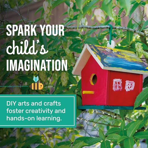 Beetle & Bee Build A Bird Bungalow - DIY Kid Art Craft Outdoor Birdhouse Kit, House Painting Kit for Kids, Hardware Glue Included- 4 Paints, 1 Brush, 7 Wooden Pcs, Chain For Tree Hanging Age 5+ | Includes Paints, Brush, Glue, Nails, Chain, Instructions; K