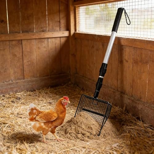 Adjustable Metal Poop Scoop- 3-in-1 Design as Scooper & Rake, Litter Sifting Shovel for Cleaning Chicken Coops, Farms, Stables, Sheep Pens, and Cat Litter