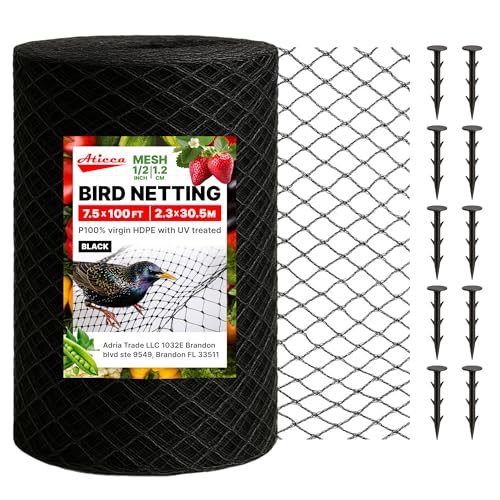 ATICCA Heavy Duty Bird Netting for Garden Protection & Fruit Trees, 7.5x100 Ft with 10 Stakes – Black Anti-Bird Net for Poultry, Deer, & Squirrel Protection, Durable Mesh for Garden and Yard Use - size: 7.5x100 Bird Netting