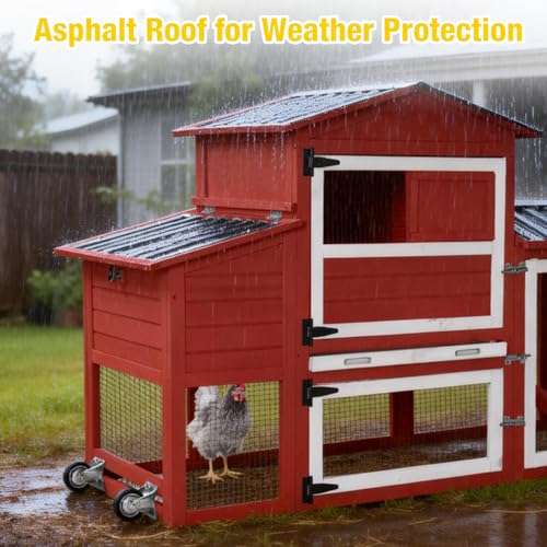 Aivituvin 83in Chicken Coop Mobile Hen House Outdoor Wooden Poultry Cage with Wheels Nesting Box Run for 4-6 Chickens Red - color: Red, size: 83.3"L x 26.0"W x 42.0"H