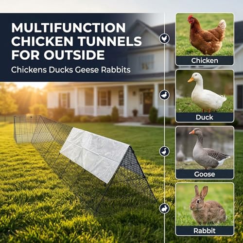 Heavy Duty Chicken Run Tunnel for Yard & Outdoor, Foldable Metal Poultry Run with Waterproof Cover, Easy to Setup Portable Coop for Chickens, Ducks, Rabbits & Geese