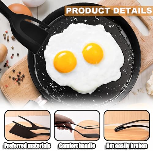 2-in-1 Egg Flipper Spatula Tongs Set - Non-Stick Silicone Grip and Flip Cooking Utensils for Omelets, Pancakes, Fish, and Burgers - 2 PCS Kitchen Cooking Tools (Black & Red)