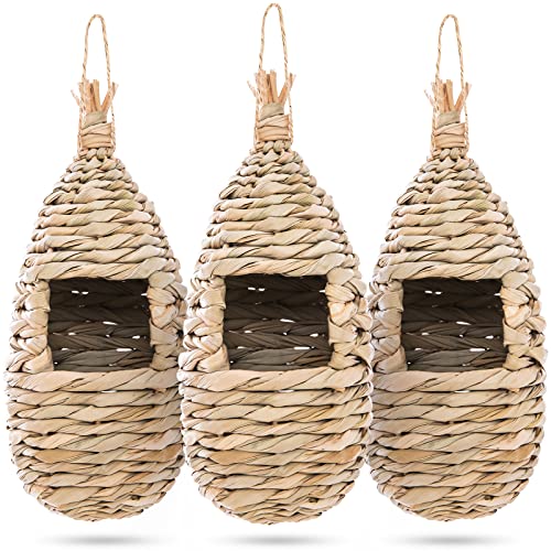 WDEFUN Humming Bird Houses for Outdoor Hanging, Natural Grass Bird Hut,Hand Woven Hummingbird Nest,Wren Finch Bird House for Garden Window Outdoor Home 3 Pack - size: water shape 3 pcs
