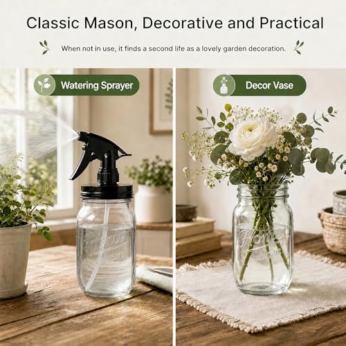 Glass Plant Mister Bottle -16 oz Vintage Style Mason Jar Fine Mist Sprayer - Refillable Leak Proof Water Spray Bottle for Plants, Gardening, Decorative with Adjustable Mist Nozzle (Clear) - color: Clear