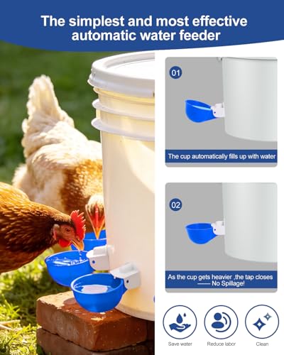 Chicken Waterer Cups (16 Pack) with 3/8" Drill Bit - Blue | Automatic Poultry Drinker Feeder Kit for Chickens, Ducks, Turkeys, Quail, Bunnies | DIY Gravity Fed Bucket Water Dispenser - color: Blue, size: 16 Pack + Drill bit