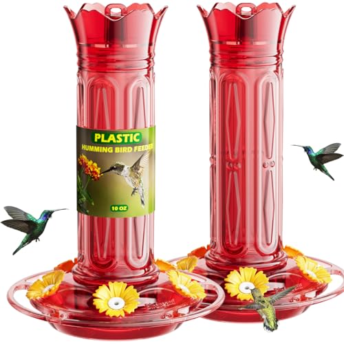 Birdream 2 Pack-20oz Hummingbird Feeders for Outdoors, Plastic Hummingbird Feeder with 5 Bee Guard Feeding Ports & Cleaning Brush, Leak Proof, Built-in Ant Moat, Solid Red - color: Solid Red, size: 2 Pack