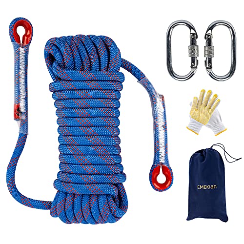 Indoor Outdoor Climbing Rope, 10/12/14mm (32FT/49FT/65FT/98FT) Static Rock Climbing Rope for Escape Rope, Ice Climbing Equipment, Fire Safety Rescue Rope, with Non Slip Gloves - color: Blue, size: 12mm/49ft
