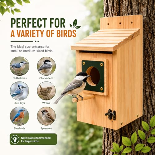 Bluebird House for Outside, Bird House with Copper Predator Guard, Natural Pine Wood Birdhouse, No Assembly Required, Easy Clean Nesting Box for Bluebirds, Wrens, Chickadees, Tree Swallows & Finches