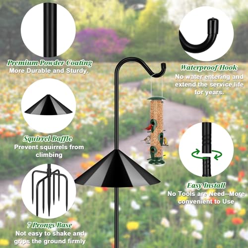 92’’ Bird Feeder Pole Squirrel Proof 1 Pack, Adjustable Tall Shepherds Hooks for Outdoor with 7 Prongs Base, Heavy Duty Shepherd Hook with Baffles, Pole for Bird Feeder, Plant Baskets - size: 92 Inch Pole&Baffle