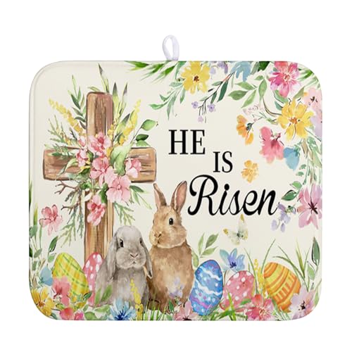 Easter He Is Risen Bunny Dish Drying Mat for Kitchen Counter Spring Easter Cross Floral Eggs Drying Pad 16x18 In Microfiber Absorbent Holiday Dishes Drainer for Kitchen Counter Tableware - color: Easter Cross, size: 16" x 18"