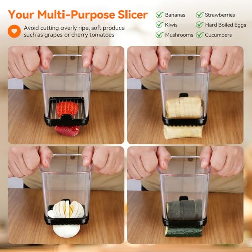 Fruit Slicer Cup for Strawberry, Banana, Hard-Boiled Egg - Detachable Cutter with Push Plate - 304 Stainless Steel Blade - Rapid & Safe Slicing Kitchen Gadget for Quick Meal Prep (Black) - color: Black