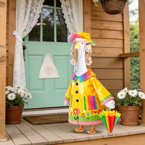 4 Pcs Porch Goose Raincoat with Wigs, Outfits and Clothes, Spring Summer Goose Statue Raincoat Costume, 23" Geese Statue Clothes for Patio Yard Lawn Outdoor Decor - color: Yellow Garden Raincoat