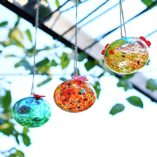 Set 3 Glass Hummingbird Feeders for Outdoors with 2 Flower Feeding Ports | Safe Lead-Free Glass, Non-Toxic for Hummingbirds, Bee & Ant Repellent Design, Guard Nectar Well - color: Color-A