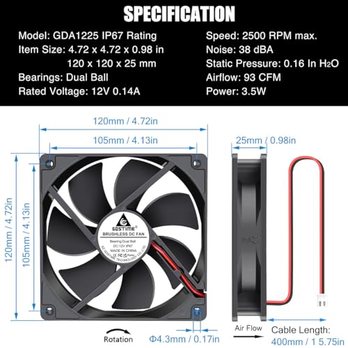 GDSTIME 120mm x 25mm 12V DC IP67 Waterproof Fan 2Pin Dual Ball High Speed | Brushless, Replacement for RV Fridge, Ice Maker, Wine Cooler, Mini Greenhouse, Outdoor Cabinet Cooling -120x120x25mm, 2500RPM - size: 120x25mm
