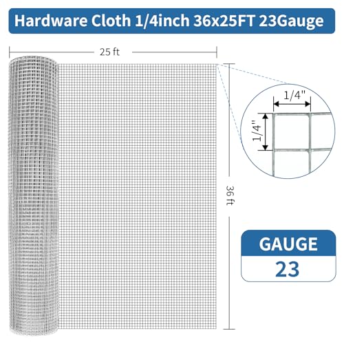 Zevemomo Hardware Cloth 1/4 Inch 36" X 25'- Hot Dip Galvanized After Welding | Wire Mesh Roll, 23 Gauge Chicken Wire Fencing for Garden Fencing Chicken Coop Wall Decoration Tree Guard Hardware Mesh - size: 36" x 25' 1/4inch
