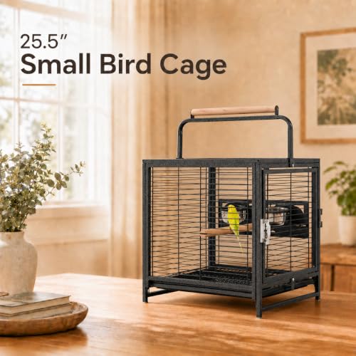 Yaheetech 25.5" Small Bird Cage, Wrought Iron Bird Travel Cage with Wooden Perch Handle & Seed Guard for Conures, Budgies, Lovebirds & Small to Medium Birds