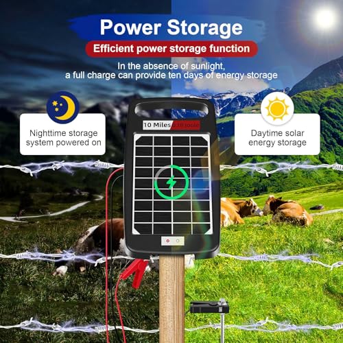 10 Miles Solar Powered Electric Fence Charger, 0.18J Portable for Livestock | 24/7 Day/Night Mode, Portable Solar Panel/AC Dual Power,10200V Output,Weatherproof, Easy Setup, Deters predators for Gardens - size: 10M 0.18J