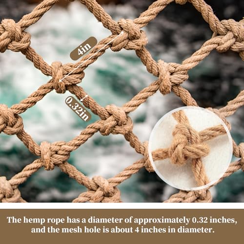 Jute Hemp Rope Net (4ftx8ft), Heavy Duty Natural Climbing Safety Rope Netting Balcony Stairs Fence Garden Playground Protection Net Indoor & Outdoor Decor Rope Net - size: 4ftx8ft