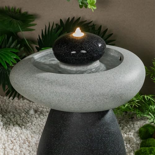 24.02" H Outdoor Water Fountain Made with Eco-Friendly Recyclable Materials, Polyethylene Rock Waterfall Outdoor Fountain, Garden Decor with LED Light & Pump for Patio, Backyard - size: 24.02"