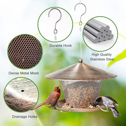 Metal Bird Feeder for Outdoor Hanging 9.8" Roof 3 LBs Seeds Capacity | Heavy Duty, Rainproof, Weatherproof, Rustproof, Large Dome, 360° Feeding, Attracts Various Birds, Easy to Refill & Clean