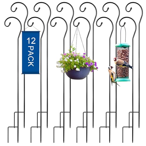 Hicarer 12 Pcs Shepherds Hooks for Outdoor 42 Inch 1/3 Bird Feeder Pole Rust Resistant Steel Shepard Hooks for Wedding Garden Bird Feeders Hanging Lanterns Solar Outdoor Lights - size: 42 Inch