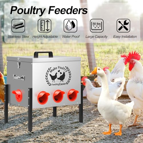50LB Automatic Chicken Feeder Kit 8 Ports Large Metal Poultry Feeder Duck Chicken Coop Chick Feeder System Food Dispenser No Waste with Adjustable Legs Locking Lid Vegetable Hanging Bag Leg Rings