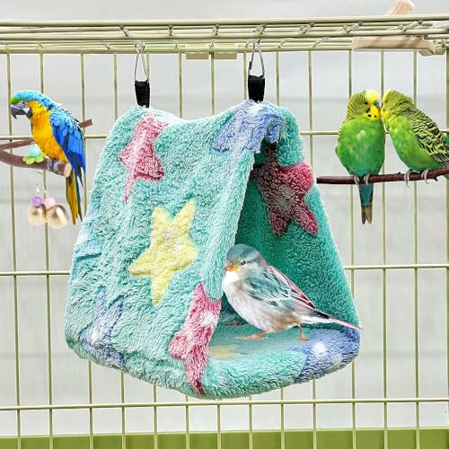 2 Pack Warm Bird Nest Plush Snuggle Bird Hammock Hanging Bird Cave Parrot Sleeping Bed Shed Hut Hanging Tent for Budgies Finch Parakeet Cockatiel Cockatoo Lovebird-Star Pattern (Pink&Green) - color: Pink&Green(Star)