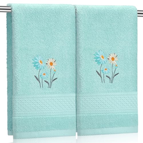 SmoothNovelty 2 Pcs Daisy Hand Towels Teal Bathroom Decor 14x29 Inch | Embroidered Flower Bathroom Hand Towels, 100% Cotton, Soft Absorbent, Spring Summer Bathroom Kitchen Decor - style: Daisy Flower