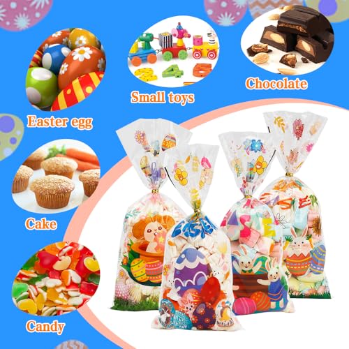 Easter Treat Bags, 100PCS Easter Cellophane Treat Bags Gift Candy Cookie Snack Bag Cellophane Bag for Goodies with Twist Ties Eggs Bunny Clear Cello Treats for Easters Spring Party Favors Supplies - color: Easter, size: 1 count (Pack of 100)