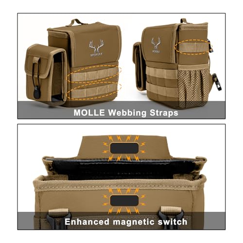 Binocular Harness Chest Pack - Rangefinder Pouch for Hunting Brown | Silent one-handed access, bino case with rain cover and removable pouch , MOLLE webbing for birdwatching and hiking - color: Wolf Brown